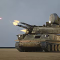 Military Tank With Radar System Firing Cannons Ejecting Flames On Desert Terrain