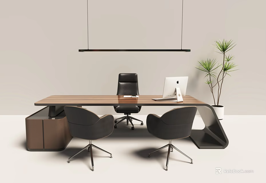 Wooden Office Desk with Black Legs White Computer Black Pendant Light Green Plant and Chairs 3d model 
