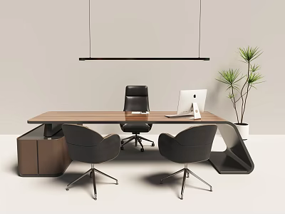 Wooden Office Desk with Black Legs White Computer Black Pendant Light Green Plant and Chairs 3d model