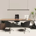 Wooden Office Desk with Black Legs White Computer Black Pendant Light Green Plant and Chairs