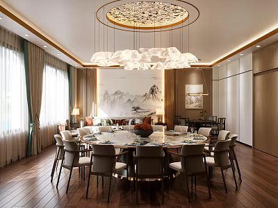 Elegant Modern Private Dining Room With Round Table Chandelier Landscape Painting And Curtains 3d model