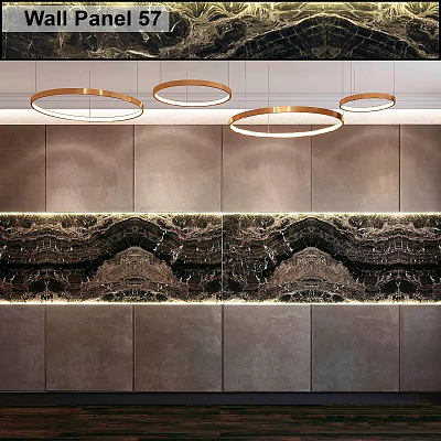 Modern Interior Wall Design Featuring Black Marble Decorative Strip And Circular Gold Pendant Lights 3d model