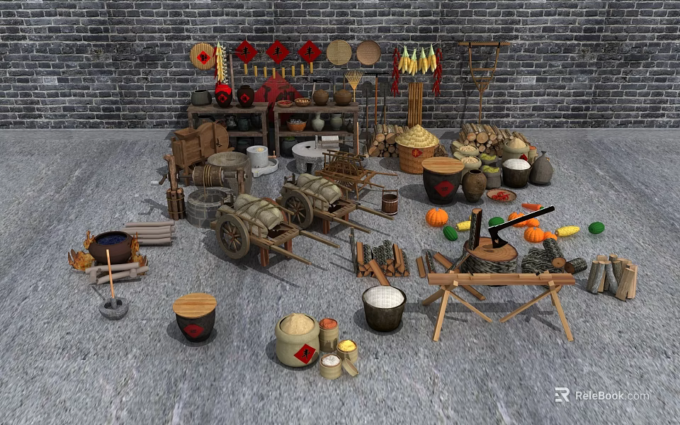 Traditional Garden Ornaments With Wooden Tools Containers Vegetables Hanging Decorations And Brick Wall Background 3d model 