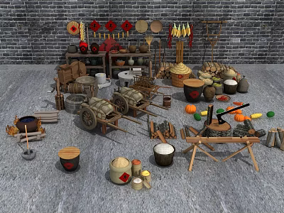 Traditional Garden Ornaments With Wooden Tools Containers Vegetables Hanging Decorations And Brick Wall Background 3d model