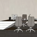 Modern Wooden Office Desk With Two Grey Wheeled Chairs Computer Monitor And Office Supplies