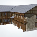 Traditional Bed and Breakfast Building With Stone Wood Structure Gray Roof and Balconies