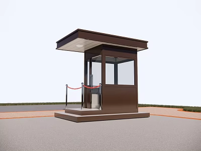 Brown Security Booth With Glass Windows Red Barrier Tape Railing And Outdoor Platform Base 3d model