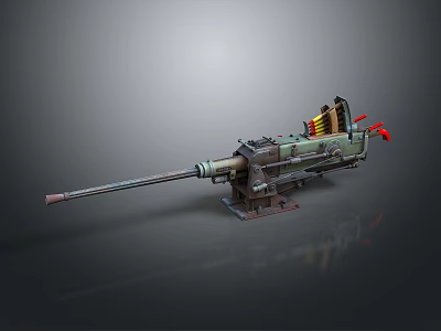 Rustic Green Heavy Machine Gun With Long Barrel Ammunition Belt Mount And Mechanical Structure 3d model