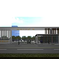 Modern Main Entrance Gate Design With White Columns Glass Structure And Wooden Accents