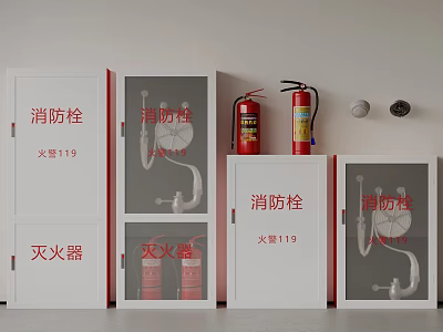 Indoor Fire Equipment Display With Fire Hydrants Extinguishers Alarm Sign And Cabinets 3d model