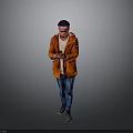 Man in Orange Jacket With Bandana Holding Phone Against Gray Background