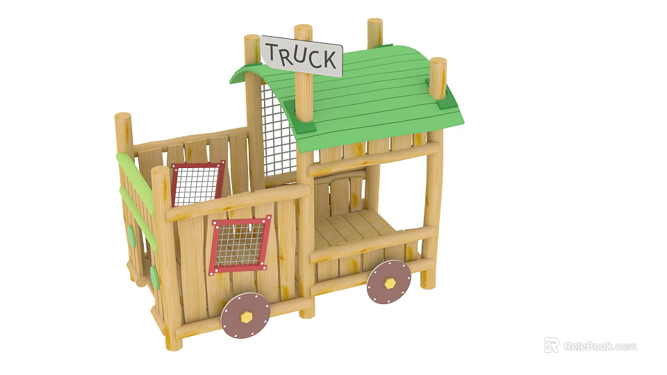 Wooden Truck Shaped Play Equipment With Green Roof And Decorative Wheels 3d model 