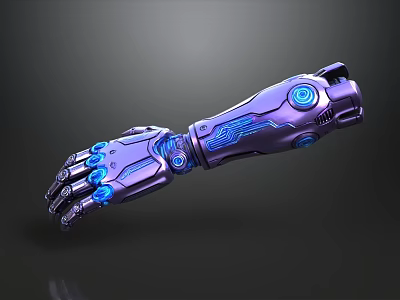 Futuristic Purple And Blue Glowing Metallic Cybernetic Mechanical Arm Design 3d model