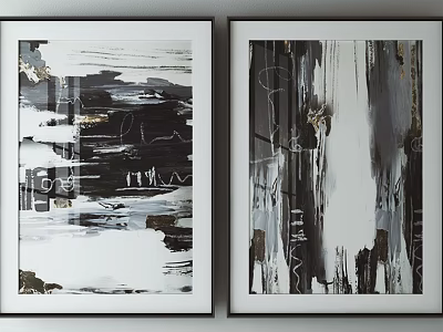 Abstract Black White Gold Paintings With Framed Brushstrokes For Modern Wall Decor 3d model