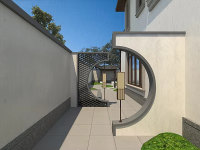 Ancient Architecture Courtyard With Circular Moon Gate Lattice Window And Stone Path 3d model