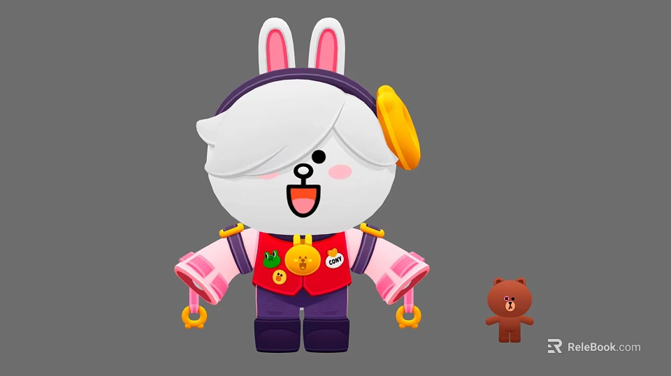 Cute Cartoon Rabbit With Pink Ears Red Vest Yellow Decoration And Small Brown Bear Toy 3d model 