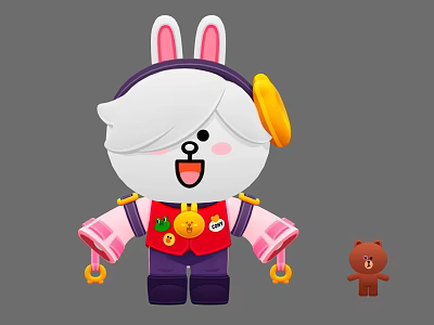 Cute Cartoon Rabbit With Pink Ears Red Vest Yellow Decoration And Small Brown Bear Toy 3d model