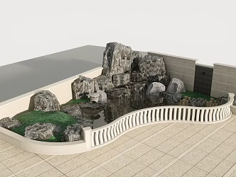 Stone mountain rockery fish pond stone railing 3d model