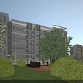 Modern Residential Building with Lush Greenery Trees Balconies and Glass Curtain Walls