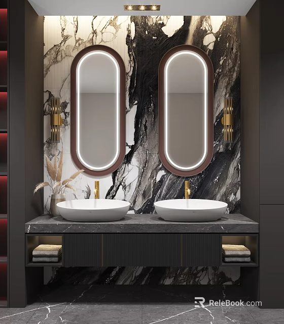 Luxury Modern Bathroom Vanity With Double Washbasins Oval Backlit Mirrors And Marble Backsplash 3d model 