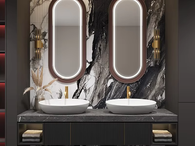 Luxury Modern Bathroom Vanity With Double Washbasins Oval Backlit Mirrors And Marble Backsplash 3d model