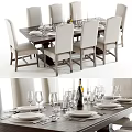 Elegant Dining Table Set With Upholstered Chairs Tableware And Wine Glasses 3d model