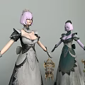 Game and Movie Gothic Character With Pink Hair Long Dress Holding Birdcage