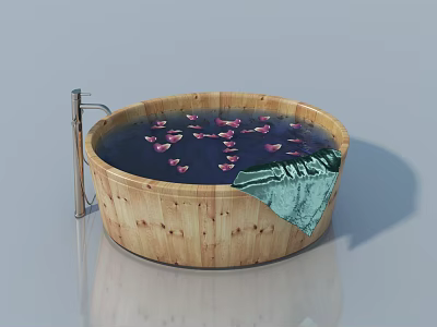 Swing Door Design With Wooden Bathtub Filled Rose Petals And Green Cloth 3d model