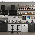 Modern Kitchen Interior With Black And White Cabinets Appliances Bar Stools And Spices