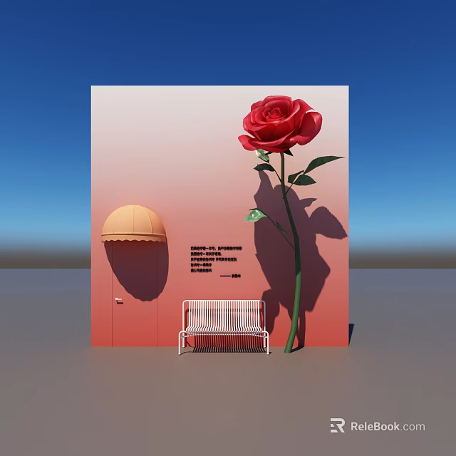Pink Gradient Wall Scene With Large Red Rose White Bench Orange Awning And Blue Sky 3d model 