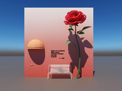 Pink Gradient Wall Scene With Large Red Rose White Bench Orange Awning And Blue Sky 3d model