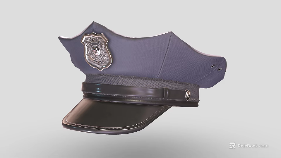 Dark Blue Police Hat Featuring Silver Badge Black Leather Strap and Brim 3d model 
