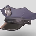 Dark Blue Police Hat Featuring Silver Badge Black Leather Strap and Brim
