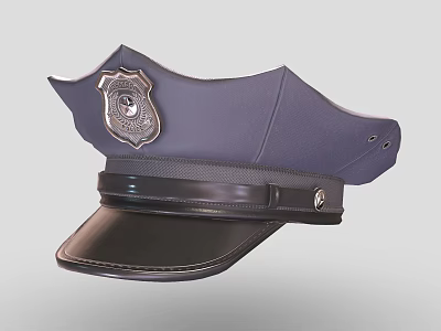 Dark Blue Police Hat Featuring Silver Badge Black Leather Strap and Brim 3d model