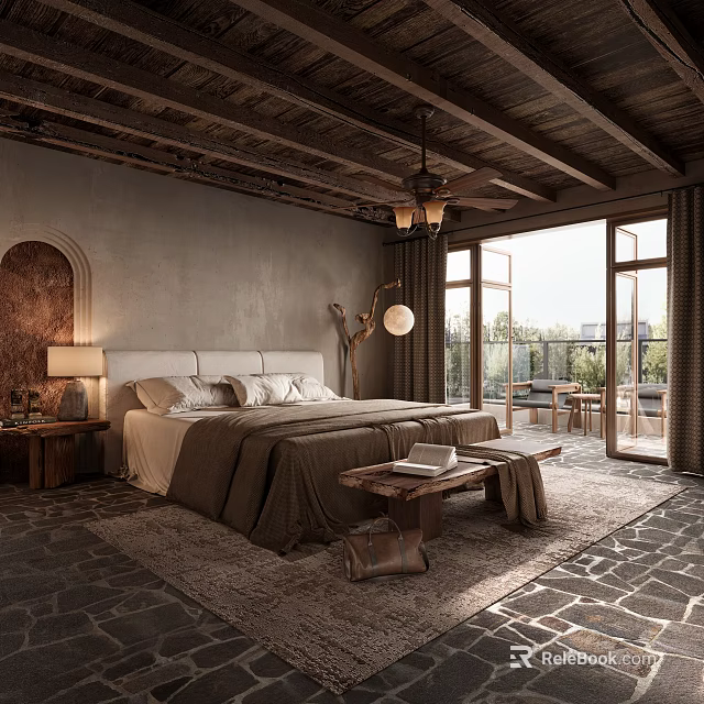 Rustic Bedroom Interior With Wooden Ceiling Stone Floor Large Windows And Brown Blanket Bed 3d model 