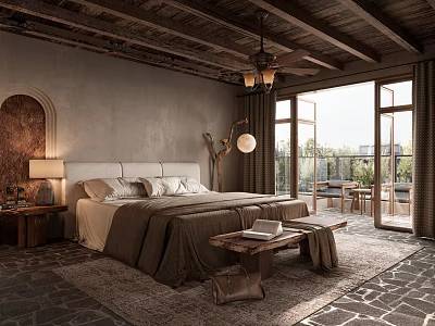 Rustic Bedroom Interior With Wooden Ceiling Stone Floor Large Windows And Brown Blanket Bed 3d model