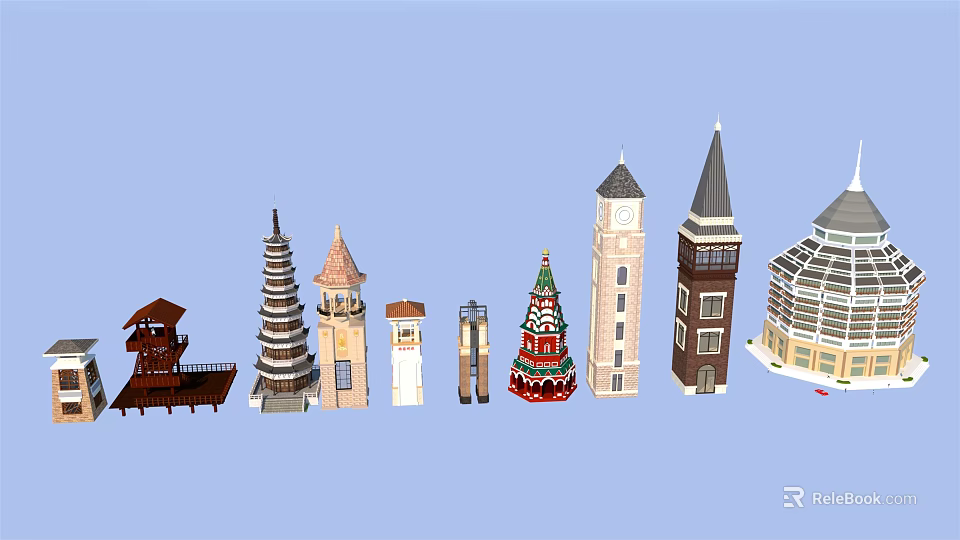 Collection of Diverse Architectural Towers Featuring Pagoda Clock Steeple and Glass Designs 3d model 
