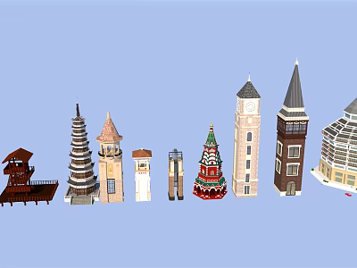 Collection of Diverse Architectural Towers Featuring Pagoda Clock Steeple and Glass Designs 3d model