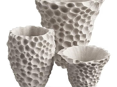 Elegant Modern Decorative Ornament Set With Three Honeycomb Texture White Vases 3d model