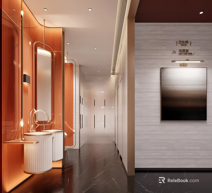 Modern Public Restroom With Stylish Decor And Facilities 3d model