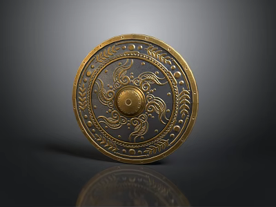 Golden Circular Shield with Intricate Patterns Decorations and Central Boss 3d model