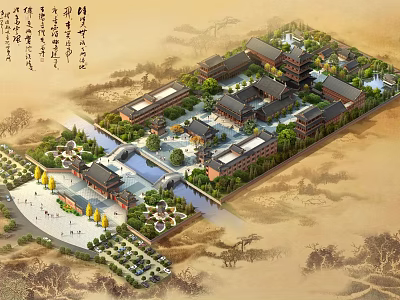 Aerial View of Ancient Chinese Architecture Complex with Courtyards Water Features and Garden Landscapes 3d model