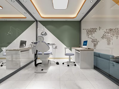 Modern Dental Clinic Interior With Dental Chair Workstations Computers And Sofa Wall Text Decor 3d model