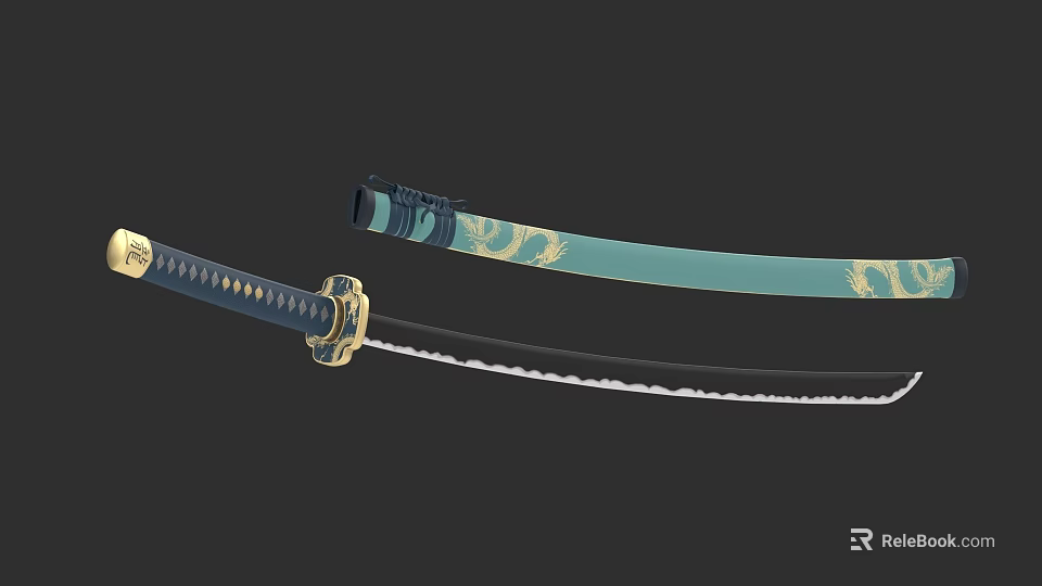 Traditional Japanese Katana With Blue Scabbard Golden Dragon Patterns And Sharp Blade 3d model 
