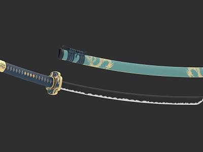 Traditional Japanese Katana With Blue Scabbard Golden Dragon Patterns And Sharp Blade 3d model