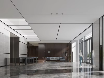 Modern Front Desk Reception Lobby With Marble Floor Sofa Long Table And Ceiling Design 3d model