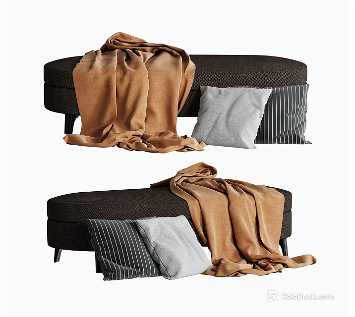 Cozy Ottoman With Draped Brown Blanket And Gray Striped Accent Pillows 3d model 