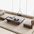 Wooden Tea Table And Cushioned Chairs With Tea Set Near Window With Blinds On Carpet