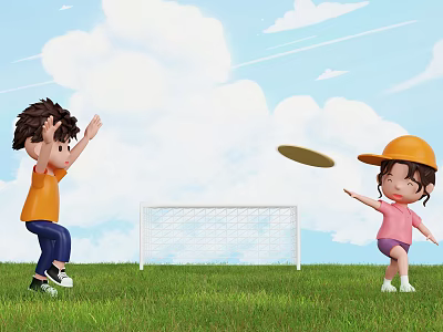 Cartoon Scene of Kids Playing Frisbee Near Soccer Goal on Grassy Field with Blue Sky 3d model