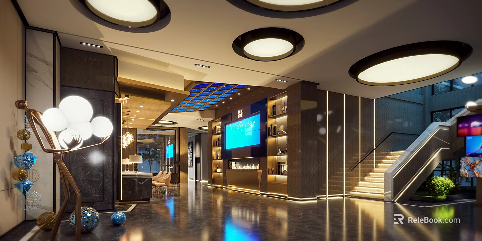 Modern KTV Lobby Interior With Circular Ceiling Lights Large Screen TV Reception Desk And Staircase 3d model 